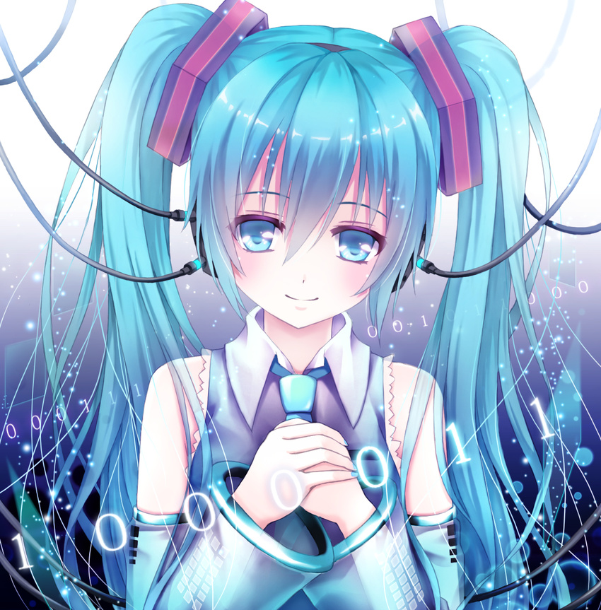 aqua_eyes aqua_hair binary cable detached_sleeves hatsune_miku highres long_hair looking_at_viewer necktie smile solo toki_(toki-master) twintails vocaloid