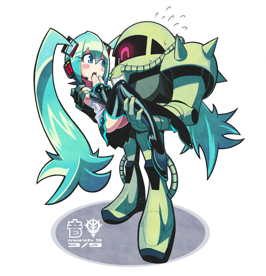 39 aqua_eyes aqua_hair black_legwear blush blush_stickers boots carrying crossover detached_sleeves gashi-gashi gundam hair_ornament hatsune_miku headset highres long_hair mecha miniskirt mobile_suit_gundam one-eyed princess_carry skirt thigh_boots thighhighs twintails very_long_hair vocaloid zaku zaku_ii_f/j