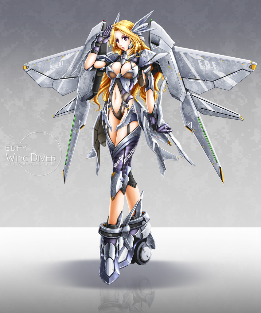 akatsuki_akane armor armored_boots blonde_hair boots breasts cleavage earth_defense_force garter_straps gloves highres large_breasts leotard long_hair mecha_musume mechanical_wings navel purple_eyes salute solo standing thighhighs wing_diver wings