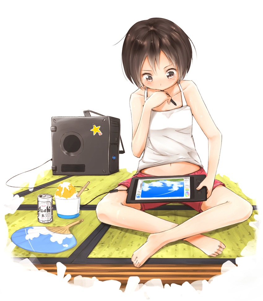 alcohol bad_id bad_pixiv_id barefoot beer brand_name_imitation brown_eyes brown_hair computer fan highres indian_style indoors legs minamito navel original paper_fan shaved_ice short_hair shorts sitting solo stylus tablet tablet_pc tatami uchiwa