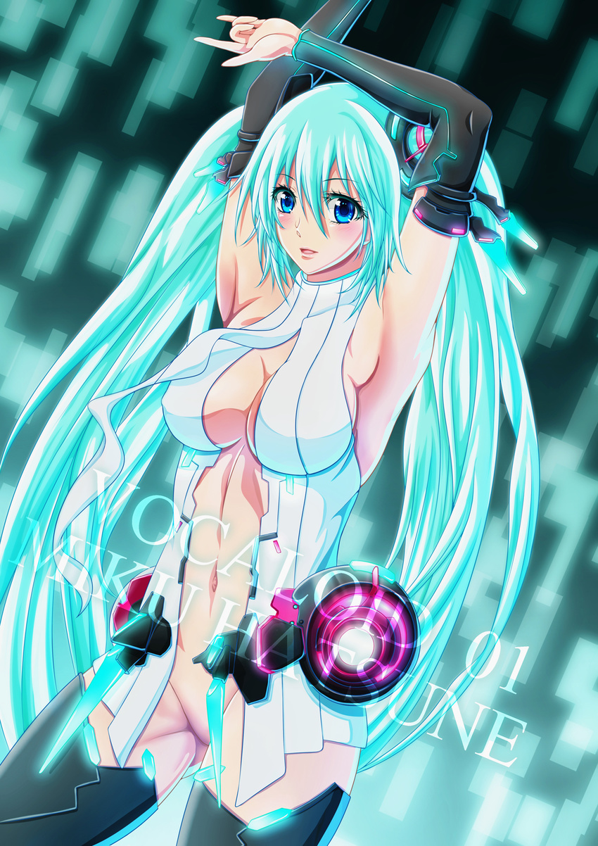 \m/ aqua_hair armpits arms_up bad_id bad_pixiv_id blue_eyes center_opening character_name copyright_name detached_sleeves fujimoto_kokoa hatsune_miku hatsune_miku_(append) highres impossible_clothes long_hair looking_at_viewer navel necktie no_panties no_pussy open_clothes solo standing thighhighs twintails very_long_hair vocaloid vocaloid_append