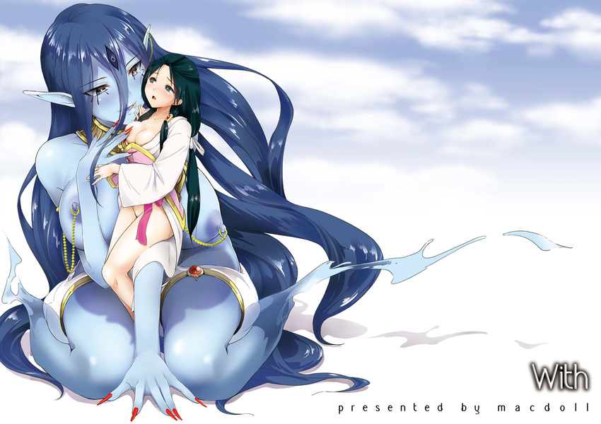 armlet bad_id bad_pixiv_id black_eyes black_hair blue_eyes blue_hair blue_skin blush bottomless breasts chain cover cover_page doujin_cover fingernails genie giantess hair_down hair_tubes huge_breasts jewelry large_breasts long_fingernails long_hair magi_the_labyrinth_of_magic multiple_girls necklace nipple_piercing nipples paimon piercing pointy_ears ren_hakuei sexually_suggestive shijou_mako size_difference yuri