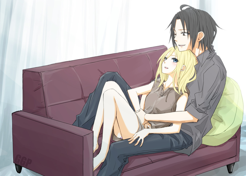 black_hair blonde_hair christa_renz couch denim freckles gogono_pan'ya hair_down jeans multiple_girls no_pants one_eye_closed panties pants pillow shingeki_no_kyojin sitting sleeves_rolled_up underwear ymir_(shingeki_no_kyojin) yuri