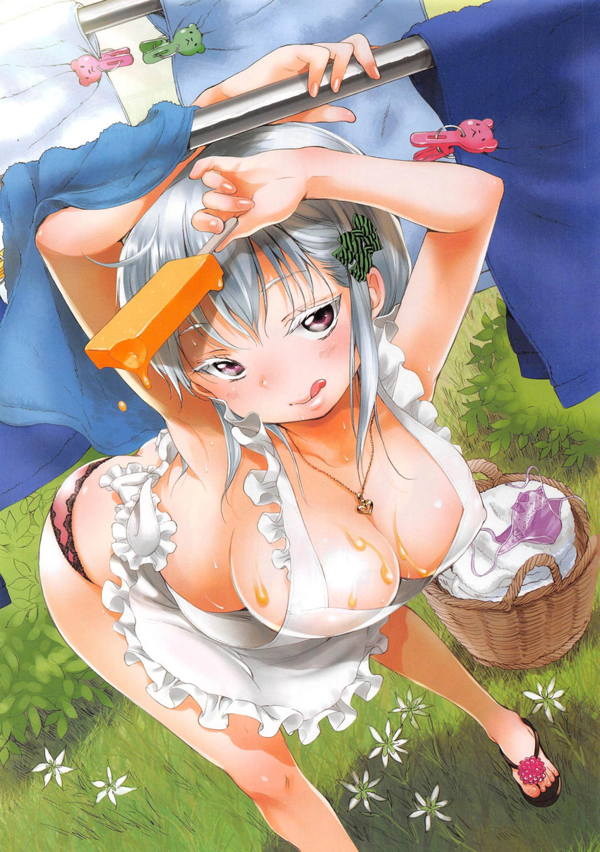 :q apron areola_slip areolae arms_up bare_legs basket blush bow breasts cleavage clothes_pin colored_eyelashes dutch_angle flip-flops food frills from_above green_bow highres inuburo jewelry large_breasts laundry leaning_forward licking looking_at_viewer messy naked_apron necklace no_bra original panties popsicle purple_eyes sandals scan sexually_suggestive short_hair silver_hair smile solo standing striped striped_bow tongue tongue_out underwear