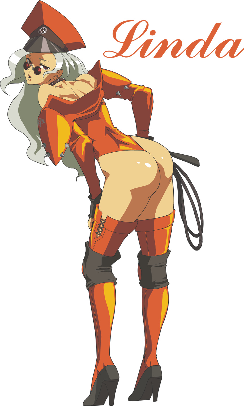 1girl ass baka_guruo bare_knuckle character_name highres linda_(bare_knuckle) solo sunglasses whip white_background