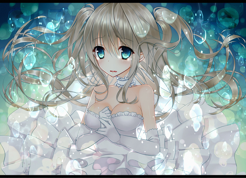 blonde_hair blue_eyes blush breasts brown_hair bubble cleavage dress elbow_gloves gloves long_hair looking_at_viewer medium_breasts open_mouth original solo tears twintails wavy_mouth white_gloves yadapot