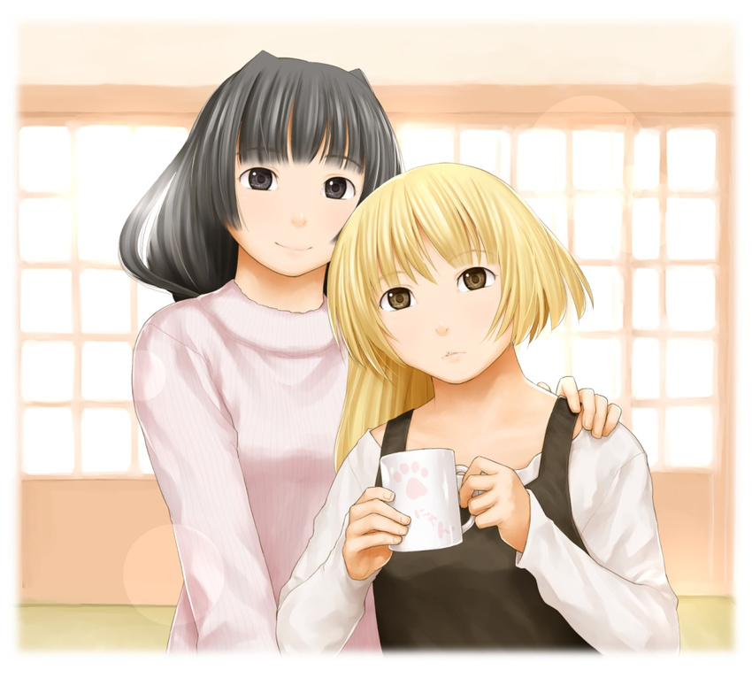 black_eyes blonde_hair brown_eyes casual character_request commentary cup kasuga_yukihito long_hair looking_at_viewer mug multiple_girls ponytail smile sweater