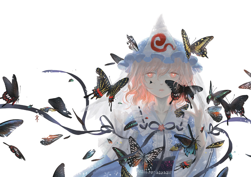 bonnet bug butterfly glowing glowing_eyes hands_up hat insect japanese_clothes open_mouth pink_eyes pink_hair ribbon saigyouji_yuyuko seeker short_hair simple_background solo touhou triangular_headpiece white_background