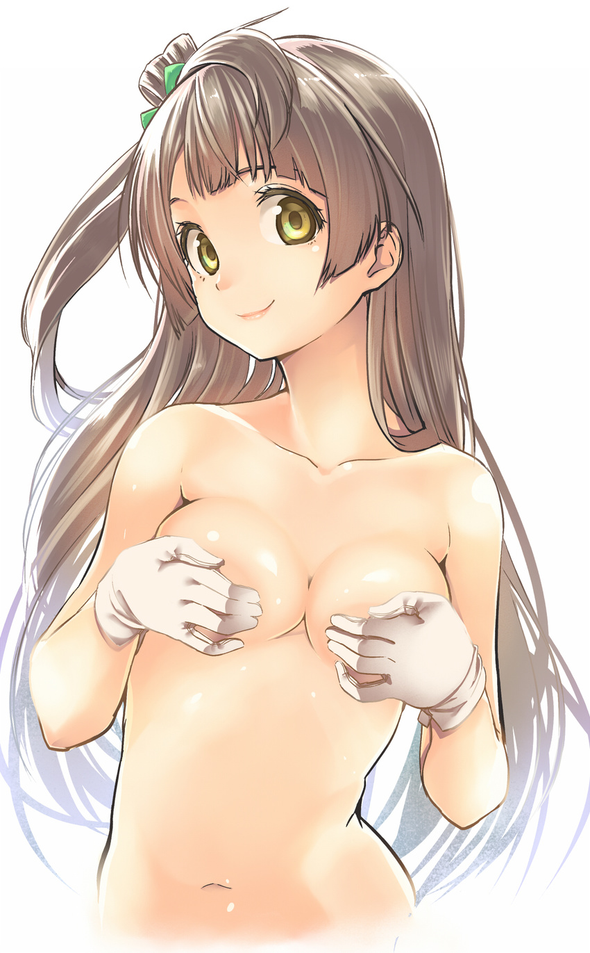 bow breasts brown_eyes brown_hair collarbone covering covering_breasts curvy gloves hair_bow highres long_hair love_live! love_live!_school_idol_project medium_breasts minami_kotori navel nude out-of-frame_censoring santa_(sunflower) simple_background smile solo stomach white_background white_gloves yellow_eyes