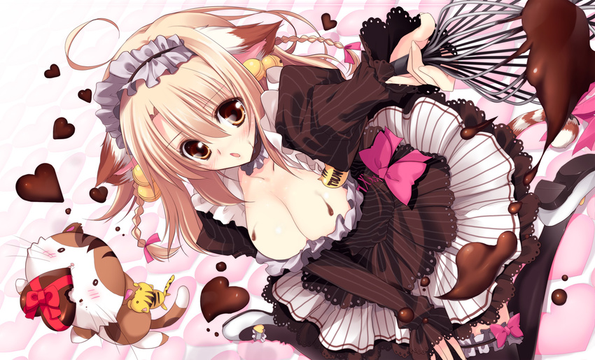 ahoge animal_ears bad_id bad_pixiv_id breasts brown_eyes brown_hair cat cat_ears cat_tail chocolate cleavage dutch_angle furifuri large_breasts long_hair looking_at_viewer maid maid_headdress shoes sitting tail yoshiwo