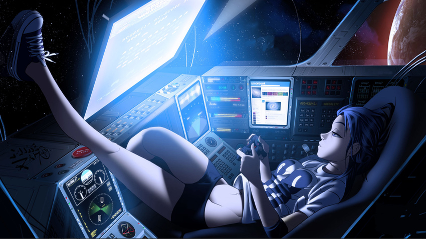 blue_hair breasts game_console original short_hair shorts space vashperado