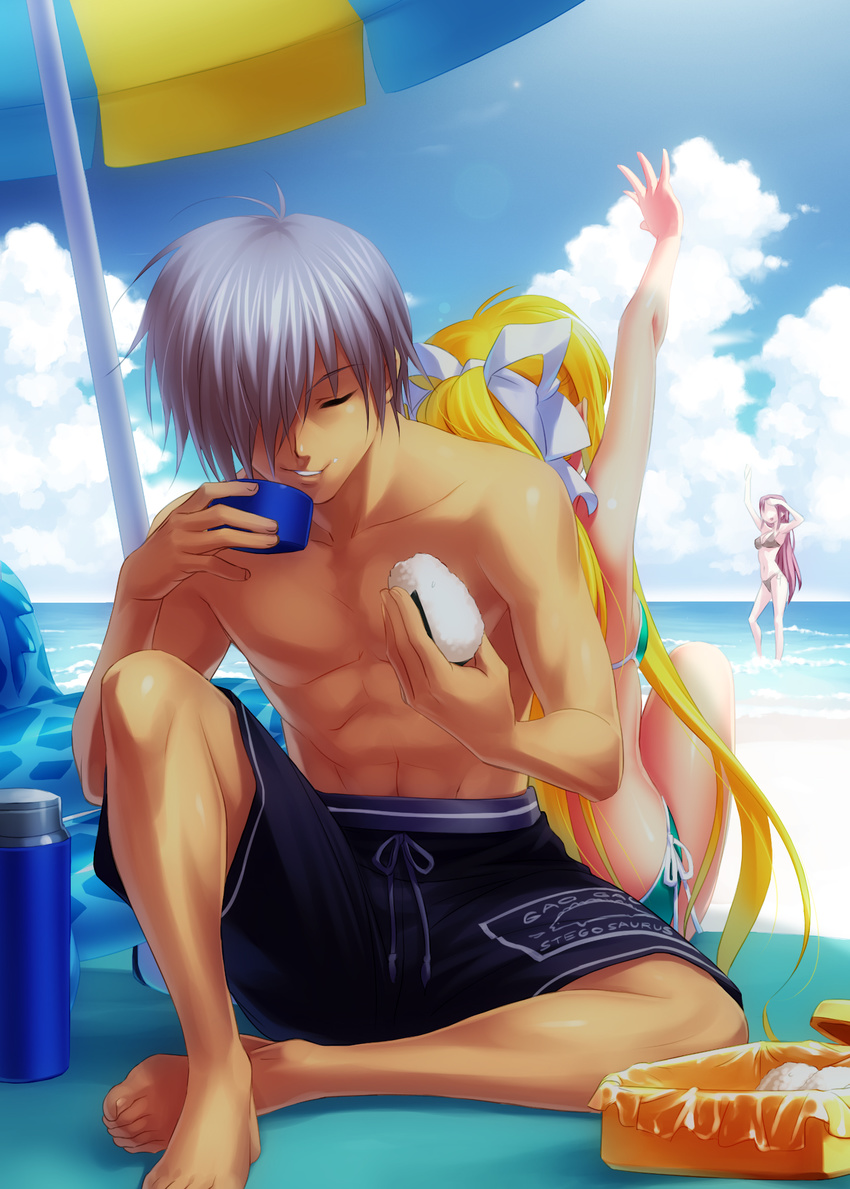 2girls air back-to-back barefoot beach bikini blonde_hair closed_eyes day food hair_over_one_eye highres kamio_haruko kamio_misuzu kunisaki_yukito long_hair male_swimwear multiple_girls onigiri pink_hair short_hair silver_hair swim_trunks swimsuit swimwear thermos very_long_hair zen