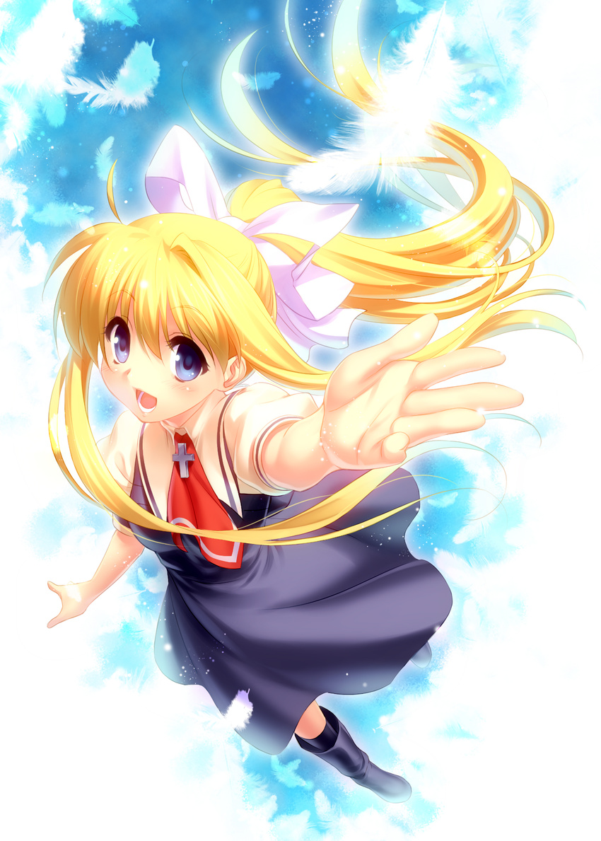 air blonde_hair blue_eyes foreshortening highres kamio_misuzu long_hair ponytail school_uniform solo zen