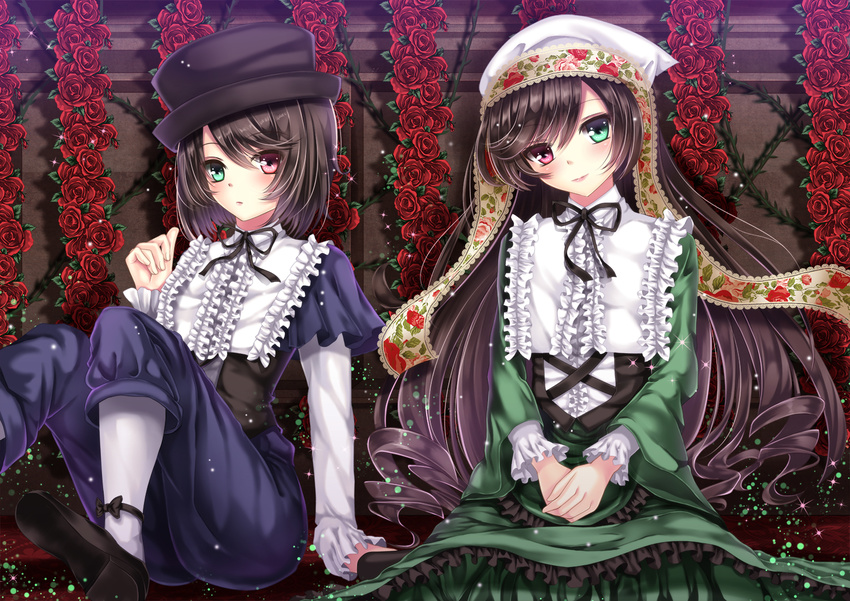 :o blush brown_hair collar dress flower frills green_dress green_eyes hands_together hat head_scarf head_tilt heterochromia long_hair long_skirt looking_at_viewer multiple_girls pants pantyhose parted_lips plant red_eyes ringlets rose rozen_maiden short_hair sitting skirt smile souseiseki suiseiseki thorns top_hat toshi_(1-147) v_arms