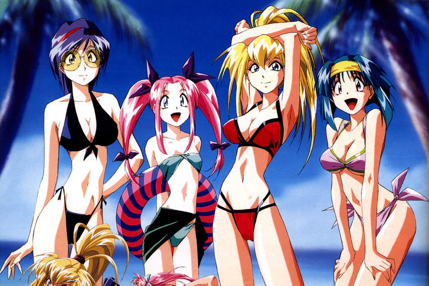 4girls 90s armpits arms_up beach bikini blonde_hair blue_eyes blue_hair breasts burn-up burn-up_w cleavage green_hair jinguu_maya kawasaki_maki kinezono_rio lilica_evett long_hair multiple_girls navel official_art orange_eyes pink_hair ponytail purple_hair red_eyes short_hair smile swimsuit twintails yamashita_toshinari