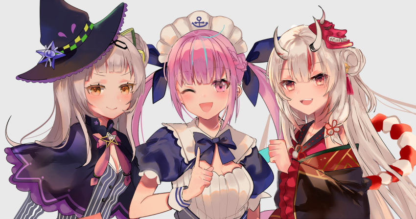 3girls anchor_symbol breasts brown_eyes capelet cleavage clenched_hand commentary_request drill_hair hair_bun hair_ornament hat highres hololive horns japanese_clothes long_hair looking_at_viewer maid_headdress mask mask_on_head medium_breasts minato_aqua multiple_girls murasaki_shion nakiri_ayame one_eye_closed open_mouth pink_eyes pink_hair red_eyes ribbon silver_hair simple_background smile twin_drills twintails virtual_youtuber white_hair witch_hat