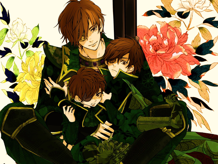 brown_hair child date_masamune_(sengoku_musou) eyepatch flower highres indian_style male_focus multiple_boys multiple_persona peony_(flower) sengoku_musou sitting usukuchi_(hagi) younger