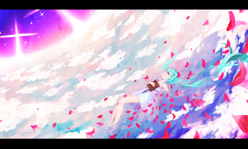 absurdres aqua_hair bad_id bad_pixiv_id blue_eyes book cloud dress floating_hair hatsune_miku highres letterboxed long_hair lying lying_on_cloud on_back petals sky solo twintails very_long_hair vocaloid zombie_neko