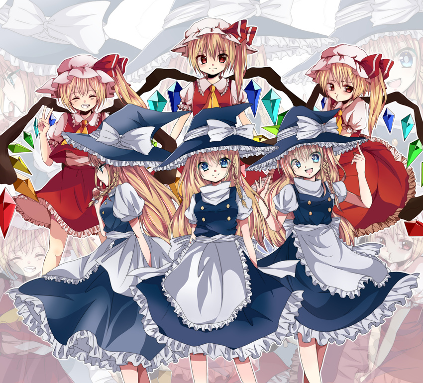 :t alternate_eye_color apron ascot blonde_hair blue_eyes blush bow braid closed_eyes crystal flandre_scarlet hair_bow hat highres kirisame_marisa long_hair mob_cap multiple_girls multiple_persona nonomichi open_mouth red_eyes ribbon short_hair short_sleeves side_ponytail skirt smile touhou vest wings witch_hat zoom_layer