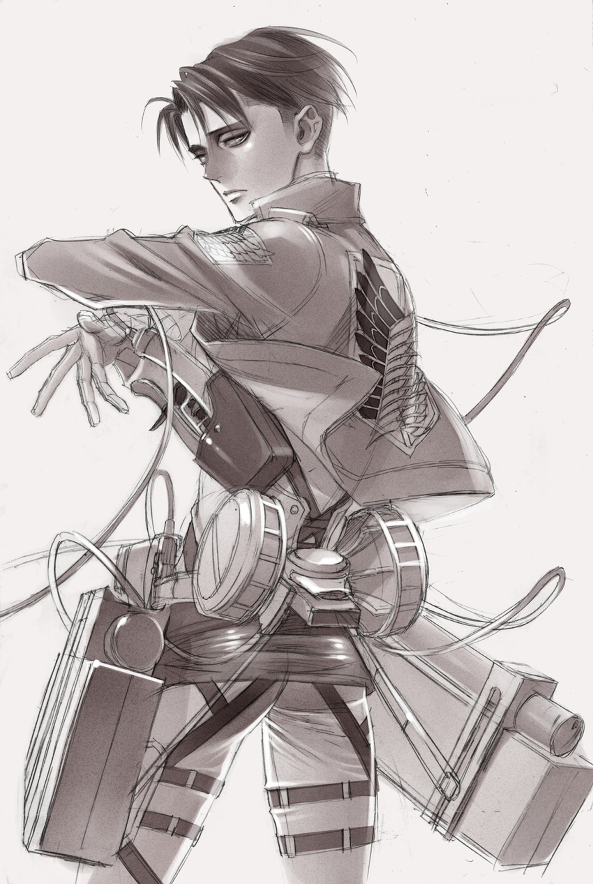 emblem from_behind highres jacket kujou_kiyo levi_(shingeki_no_kyojin) male_focus monochrome paradis_military_uniform shingeki_no_kyojin solo survey_corps_(emblem) thigh_strap three-dimensional_maneuver_gear wire