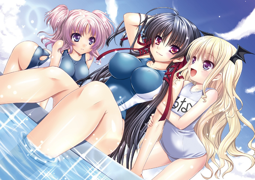 all_fours alto_seneka arm_hug bare_legs bat_wings black_hair blonde_hair blue_eyes breasts character_request copyright_request covered_nipples day dutch_angle hair_ribbon head_wings impossible_clothes impossible_swimsuit kneeling large_breasts lens_flare long_hair multiple_girls name_tag one-piece_swimsuit pink_hair pool poolside red_eyes ribbon school_swimsuit short_hair sitting sky smile soaking_feet swimsuit tress_ribbon two_side_up water white_school_swimsuit white_swimsuit wings
