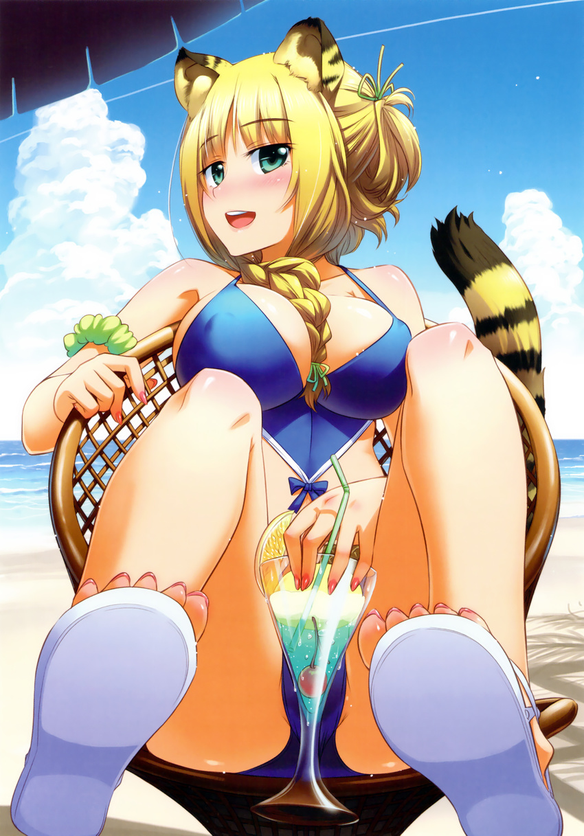 :d absurdres animal_ears armband bare_shoulders beach between_breasts bikini blonde_hair blue_bikini blush body_blush braid breasts chair cherry covered_nipples day drink fingernails food fruit green_eyes hair_over_shoulder hair_up highres koume_keito large_breasts legs_up long_hair martini nail_polish non-web_source open_mouth original sandals scan sitting smile solo swimsuit tail tiger_ears tiger_tail toenail_polish toenails toes toranoana