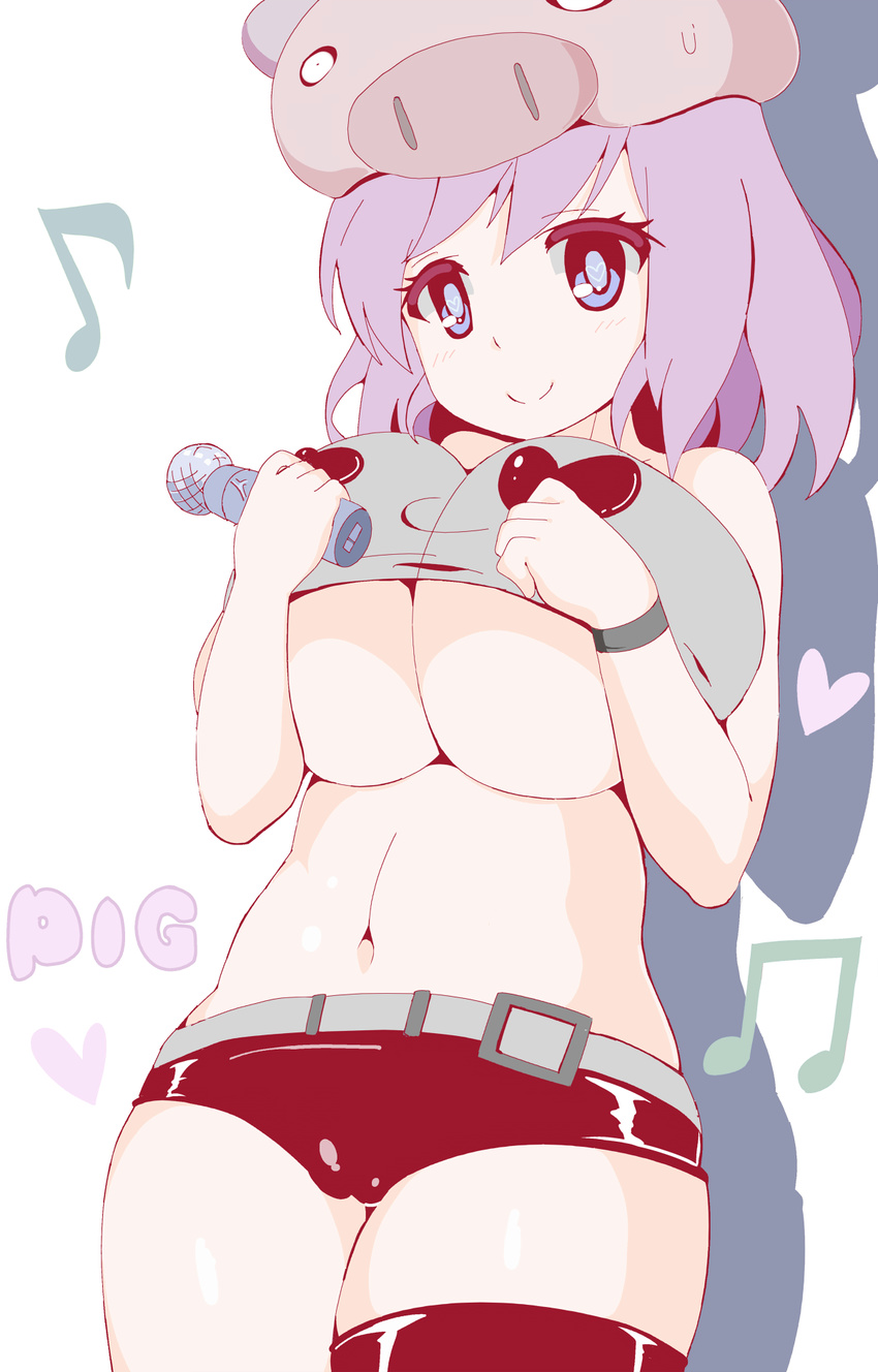 bad_id bad_pixiv_id bare_shoulders beamed_eighth_notes breasts cleavage eighth_note heart heart-shaped_pupils highres huge_breasts karaage_teishoku_(regret1994) looking_at_viewer microphone musical_note navel original pig purple_hair short_hair short_shorts shorts single_thighhigh smile solo symbol-shaped_pupils thighhighs underboob