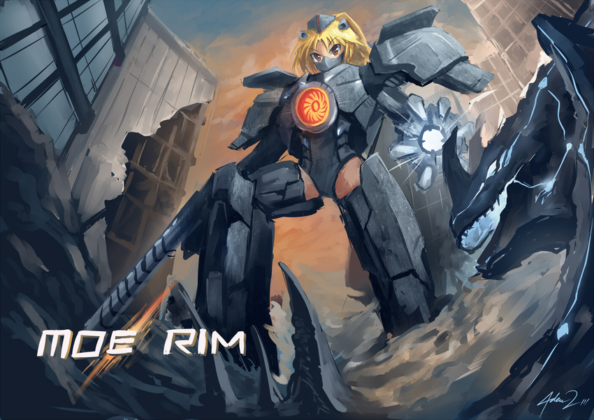 arm_blade arm_cannon armor blonde_hair brown_eyes building destruction face_mask gipsy_danger kaijuu mask mecha_musume monster mystic-san neon_trim pacific_rim personification skyscraper weapon