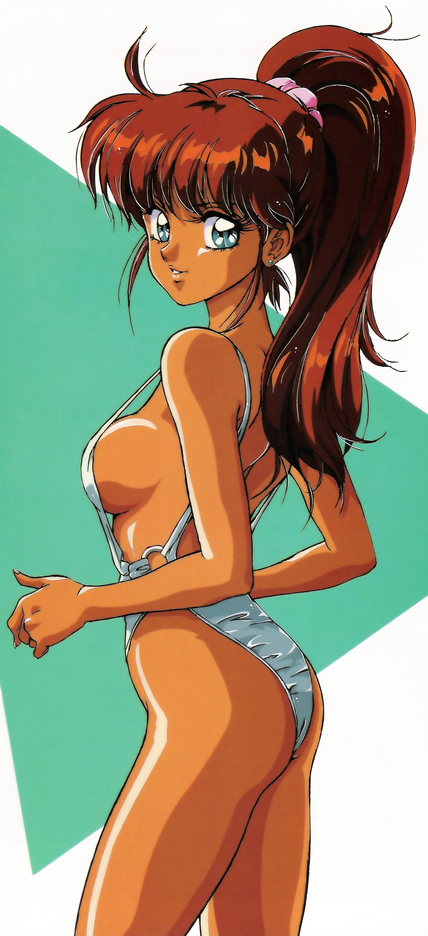 80s ass bare_shoulders blue_eyes breasts brown_hair dark_skin earings earrings highres jewelry looking_at_viewer mon-mon_(miyazaki_kenjin) official_art oldschool ponytail shiny sideboob sling_bikini smile sun_tanned swimsuit tan tanned