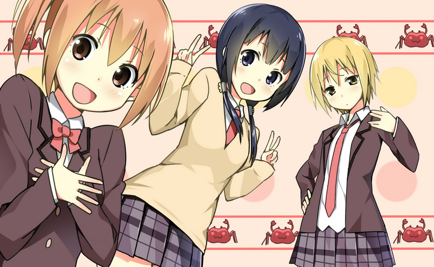 aiura amaya_kanaka black_eyes black_hair blazer blonde_hair blush brown_eyes brown_hair hand_on_hip iwasawa_saki jacket long_hair low_twintails multiple_girls necktie open_mouth plaid plaid_skirt pleated_skirt salute school_uniform shadow_puppet short_hair skirt sky_(freedom) smile twintails uehara_ayuko v vulcan_salute yellow_eyes