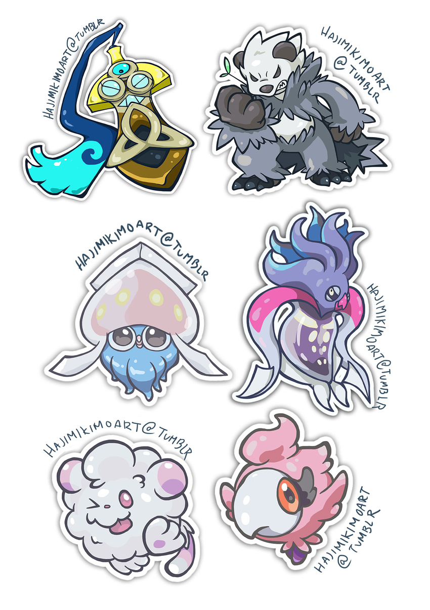 artist_name black_eyes blue_eyes chibi clenched_hands clenched_teeth fur gen_6_pokemon highres honedge inkay malamar no_humans one_eye_closed orange_eyes panda pangoro pink_eyes pokemon pokemon_(creature) simple_background spritzee squid swirlix sword teeth tentacle_hair tentacles tongue tongue_out weapon white_background yoshida_nina