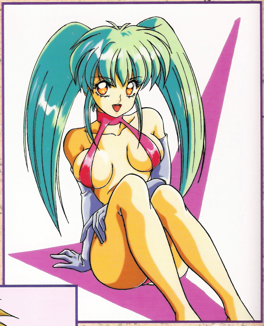 80s absurdres aqua_hair arm_support breasts gloves green_hair highres looking_at_viewer mon-mon_(miyazaki_kenjin) official_art oldschool sitting sling_bikini smile swimsuit twintails