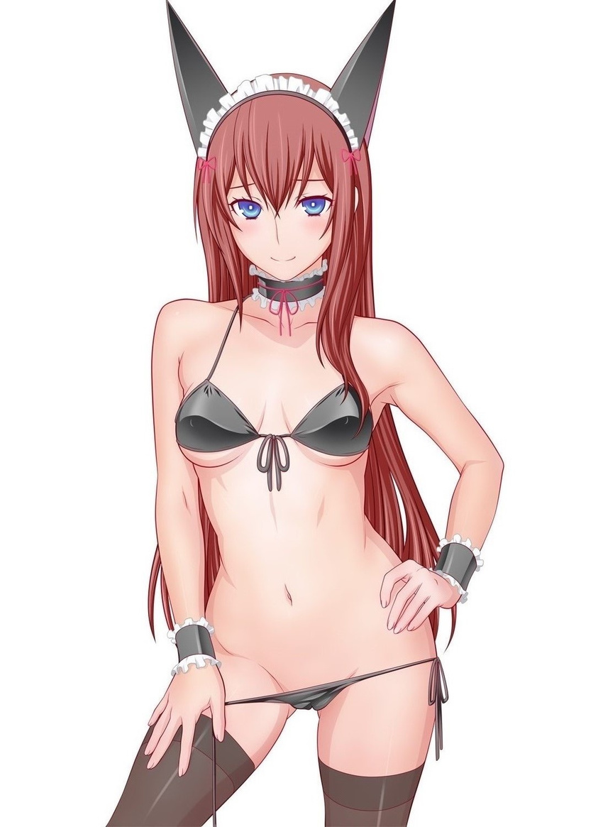 animal_ears ass_visible_through_thighs bare_shoulders bikini black_legwear blue_eyes blush breasts brown_hair cat_ears choker fake_animal_ears front-tie_top hand_on_hip highres long_hair looking_at_viewer makise_kurisu md5_mismatch medium_breasts navel shoumaru_(gadget_box) simple_background smile solo standing steins;gate swimsuit thighhighs very_long_hair white_background wrist_cuffs