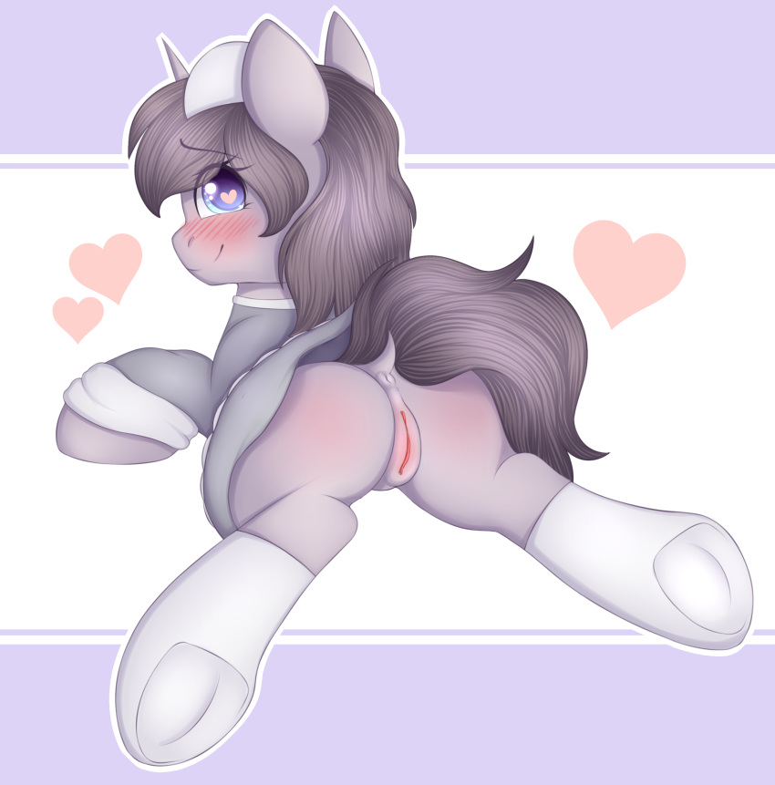 &lt;3 &lt;3_eyes adostume anus blush clothed clothed_feral clothing doc equine fan_character female feral highs horn horse legwear lewd-and-fluffie looking_at_viewer looking_back maid_uniform mammal my_little_pony pony pussy simple_background smile solo spread_legs spreading stockings underhoof unicorn uniform wingding_eyes