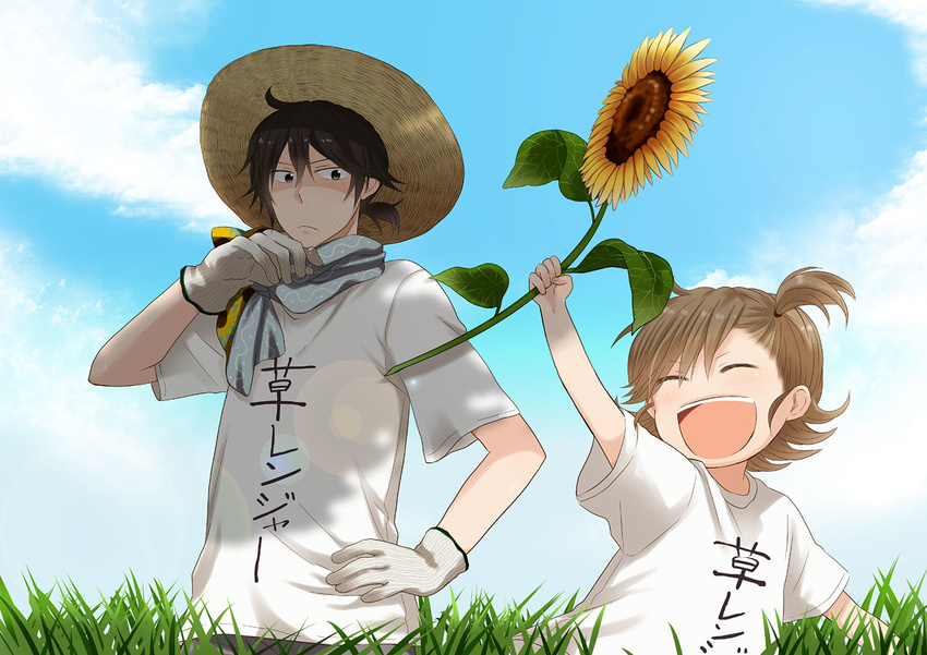 1girl :d barakamon black_hair brown_hair child closed_eyes cloud day flower gloves grass handa_seishuu hat hazuki_(pacco) kotoishi_naru open_mouth ponytail shirt side_ponytail sky smile sun_hat sunflower t-shirt younger