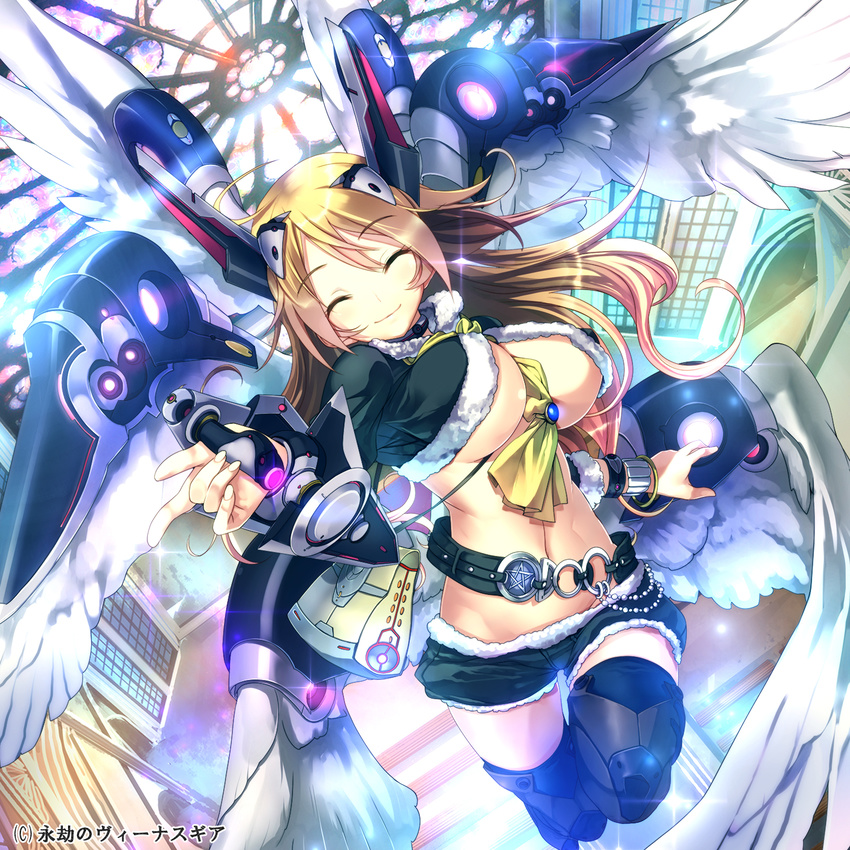 belt between_breasts blonde_hair bouncing_breasts breasts closed_eyes copyright_name eigou_no_venus_gear flying highres large_breasts lens_flare long_hair lucifer making_of mechanical_wings no_bra scarf short_shorts shorts smile solo underboob wings yamacchi