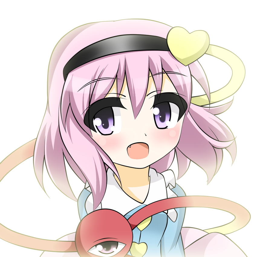 alternate_hairstyle fang fate_no_keshin headband heart highres komeiji_satori looking_at_viewer open_mouth pink_hair purple_eyes short_hair simple_background third_eye touhou upper_body white_background