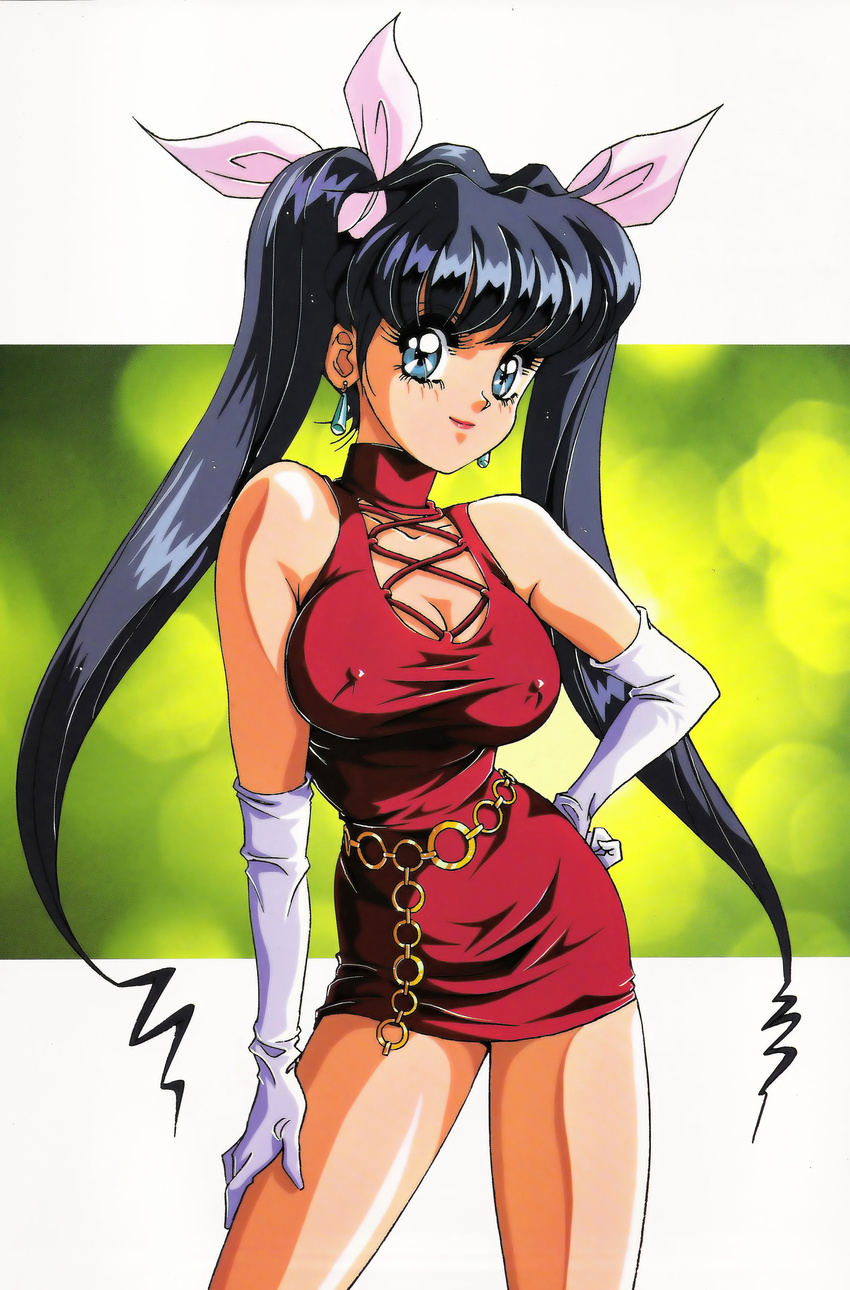80s absurdres breasts candy_(art_book) chain_belt covered_nipples earrings gloves highres jewelry looking_at_viewer medium_breasts miniskirt mon_mon official_art oldschool original skirt sleeveless solo twintails