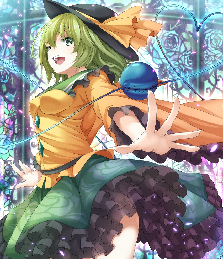 breasts floral_print green_eyes green_hair hat hat_ribbon heart heart_of_string highres impossible_clothes impossible_shirt komeiji_koishi long_sleeves medium_breasts mikoma_sanagi open_mouth outstretched_arms petals petticoat ribbon shirt skirt smile solo third_eye touhou upskirt wide_sleeves