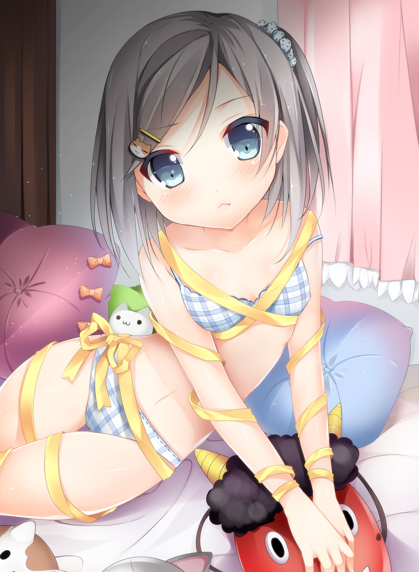 black_hair blue_eyes bra fang hair_ornament hentai_ouji_to_warawanai_neko. highres panties ribbon short_hair side_ponytail solo tsutsukakushi_tsukiko underwear underwear_only usagihime