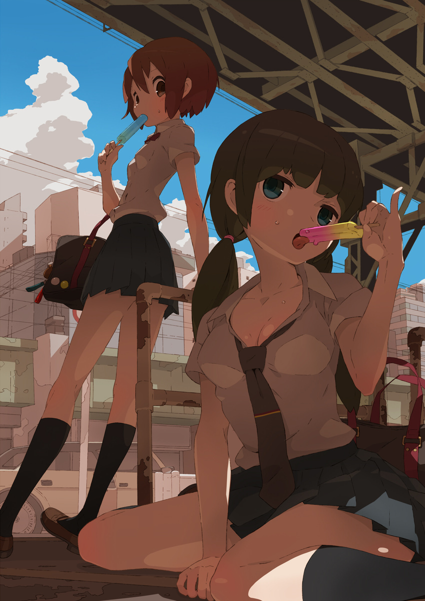 bad_id bad_pixiv_id blue_eyes blush brown_eyes eating food highres kneeling multiple_girls original pinky_out popsicle red_hair rust school_uniform serafuku sitting skirt sweat tomioka_jirou twintails wariza