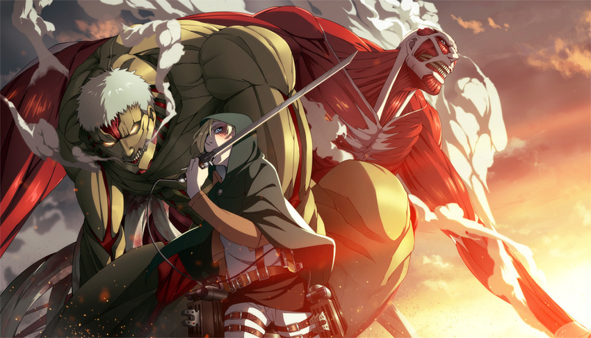 annie_leonhardt armored_titan blonde_hair cape colossal_titan hooded_top natuichi-7212 paradis_military_uniform shingeki_no_kyojin short_hair spoilers sword three-dimensional_maneuver_gear weapon