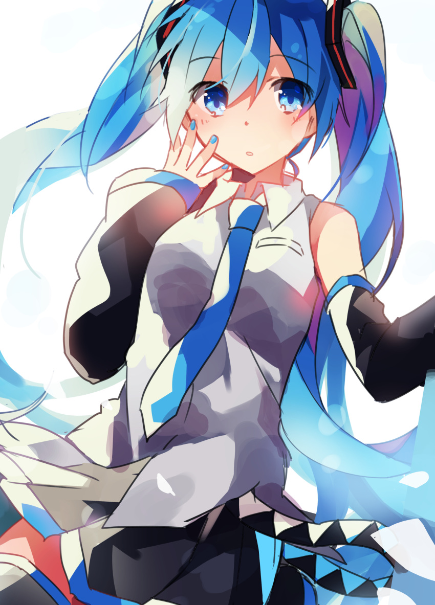 1girl absurdres bangs bare_shoulders black_legwear black_skirt black_sleeves blue_eyes blue_hair blue_nails blue_neckwear blush breasts collared_shirt commentary_request detached_sleeves eyebrows_visible_through_hair fingernails grey_shirt hair_between_eyes hair_ornament hand_up hatsune_miku highres long_sleeves nail_polish necktie pleated_skirt shirt simple_background skirt sleeveless sleeveless_shirt sleeves_past_wrists small_breasts solo thighhighs twintails vocaloid white_background yuruno
