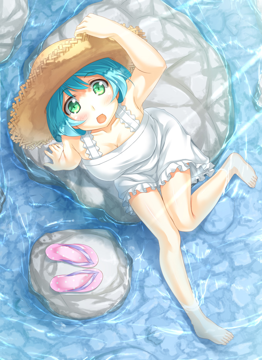 :d arm_support barefoot blue_hair blush breasts cleavage dress flip-flops from_above green_eyes hand_on_headwear hat highres legs looking_at_viewer looking_up olive_(laai) open_mouth original rock sandals shoes_removed short_hair sitting sitting_on_rock smile soaking_feet solo straw_hat sun_hat sundress thigh_gap toes water