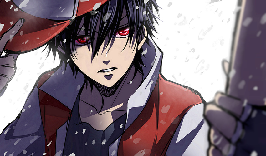 adjusting_clothes adjusting_hat bad_id bad_pixiv_id baseball_cap black_hair glowing glowing_eyes hat male_focus mi_k pixiv_red pokemon pokemon_(game) red_(pokemon) red_eyes solo