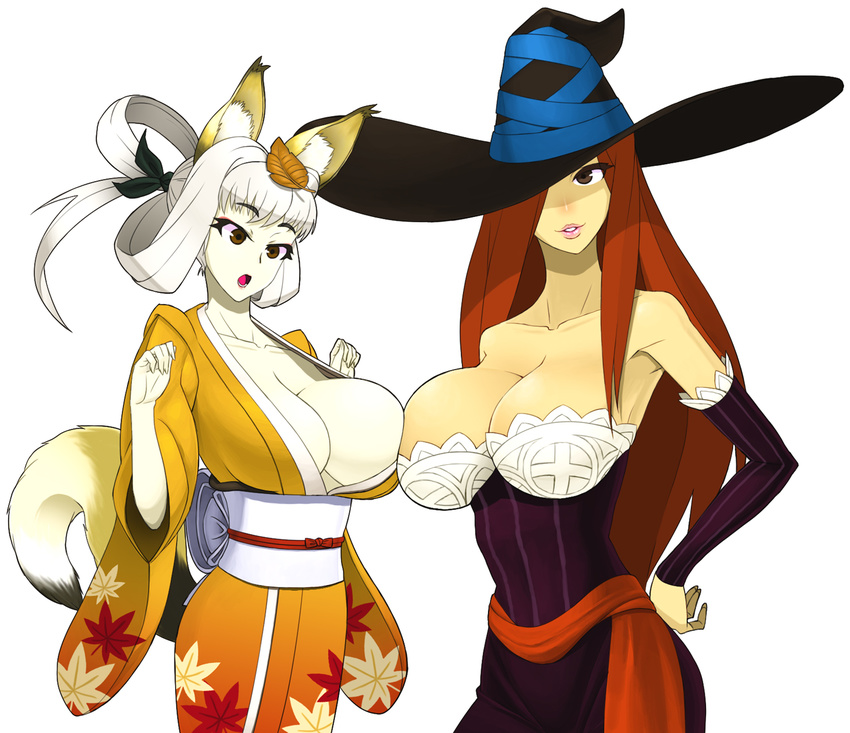 :o animal_ears asymmetrical_docking bangs bare_shoulders breast_press breasts brown_eyes cleavage company_connection cowboy_shot crossover detached_sleeves dragon's_crown dress eyeshadow fingernails fox_ears from_side gloves gradient grin hair_ribbon hair_rings hand_on_hip hat hat_over_one_eye hat_ribbon highres huge_breasts japanese_clothes kimono kongiku lace leaf leaf_on_head leaf_print lips lipstick long_fingernails long_hair long_sleeves looking_down makeup multiple_girls no_bra obi oboro_muramasa pale_skin pink_lipstick red_hair ribbon sash simple_background smile sorceress_(dragon's_crown) standing strapless strapless_dress striped vanillaware very_long_hair white_background white_hair wide_sleeves witch_hat