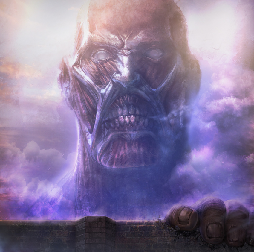 cloud colossal_titan giant highres monster muscle realistic shingeki_no_kyojin solo teeth tora_nu_tanuki white_eyes