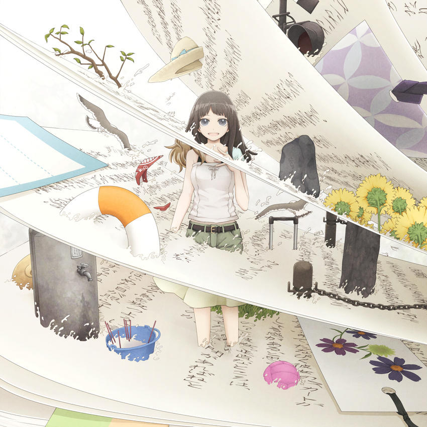:d bird black_eyes black_hair blonde_hair book bookmark branch bucket chain commentary flower hat highres lifebuoy looking_at_viewer multiple_persona open_mouth original railroad_crossing skirt smile sun_hat surreal volleyball yajirushi_(chanoma)