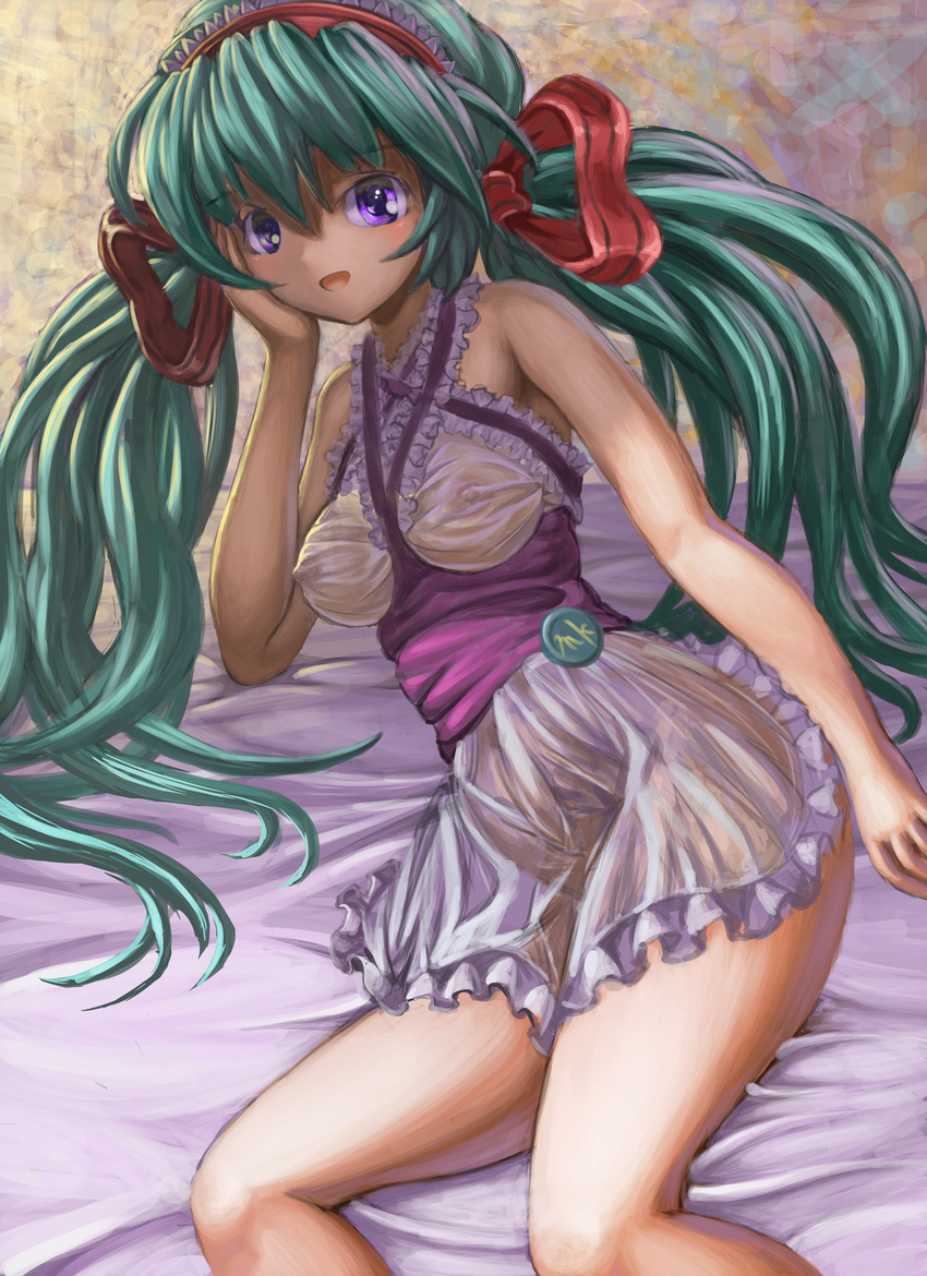 breasts dress green_hair hair_ribbon hatsune_miku highres long_hair lying nipples open_mouth purple_eyes ribbon see-through small_breasts solo syuraime_0 twintails very_long_hair vocaloid