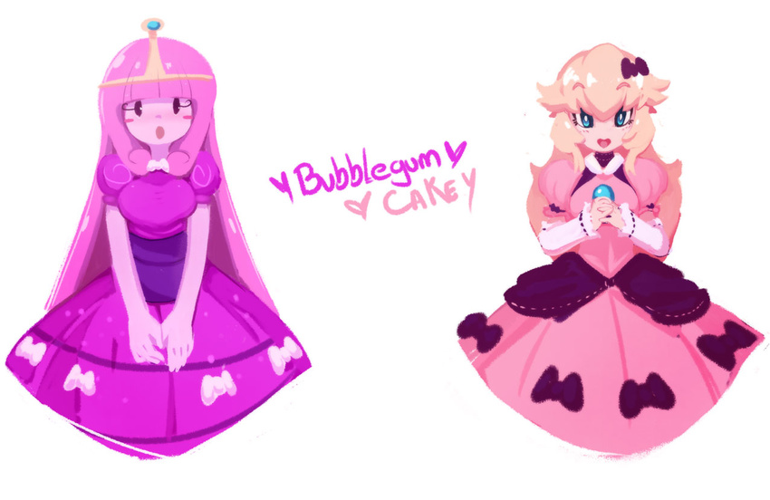 adventure_time blonde_hair blue_eyes blush_stickers bow breasts crossover crown detached_sleeves dress eyelashes gown hair_bow long_hair mario_(series) medium_breasts multiple_girls no_legs pink_dress pink_hair pink_skin princess princess_bonnibel_bubblegum princess_peach sho-n-d sidelocks super_mario_bros. v_arms very_long_hair